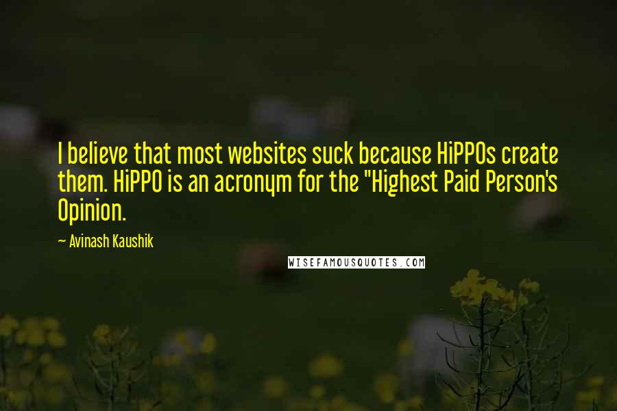 Avinash Kaushik Quotes: I believe that most websites suck because HiPPOs create them. HiPPO is an acronym for the "Highest Paid Person's Opinion.