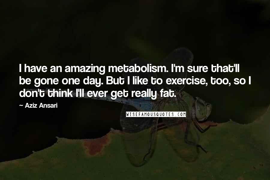 Aziz Ansari Quotes: I have an amazing metabolism. I'm sure that'll be gone one day. But I like to exercise, too, so I don't think I'll ever get really fat.
