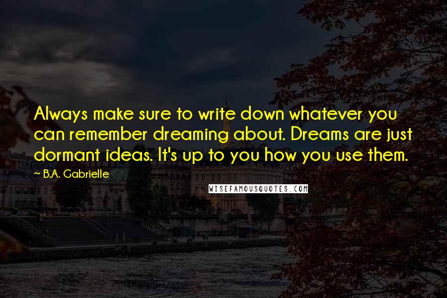 B.A. Gabrielle Quotes: Always make sure to write down whatever you can remember dreaming about. Dreams are just dormant ideas. It's up to you how you use them.