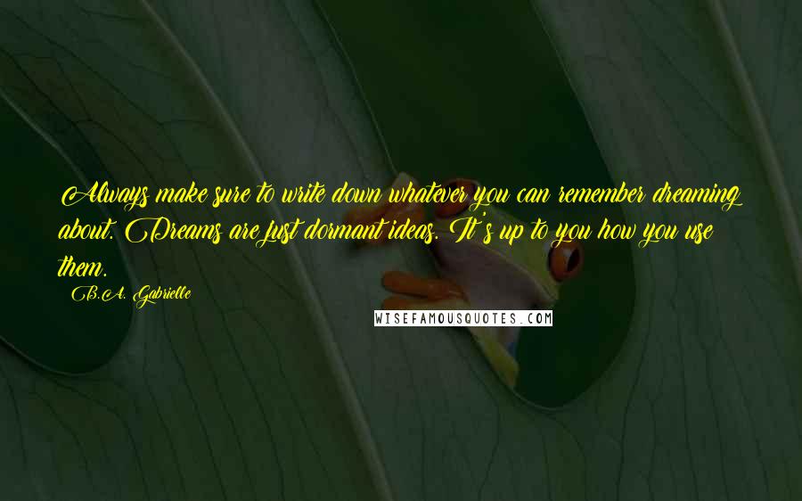 B.A. Gabrielle Quotes: Always make sure to write down whatever you can remember dreaming about. Dreams are just dormant ideas. It's up to you how you use them.