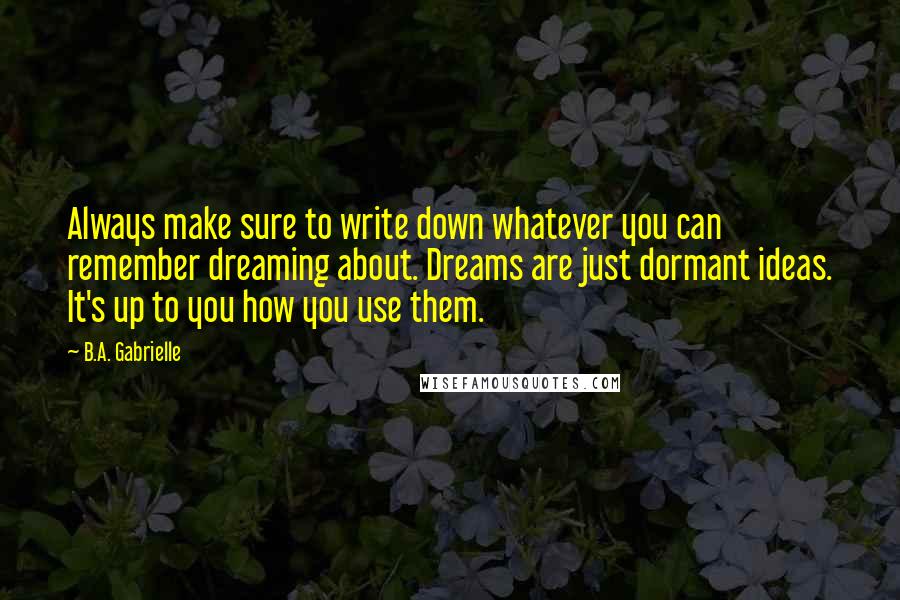 B.A. Gabrielle Quotes: Always make sure to write down whatever you can remember dreaming about. Dreams are just dormant ideas. It's up to you how you use them.