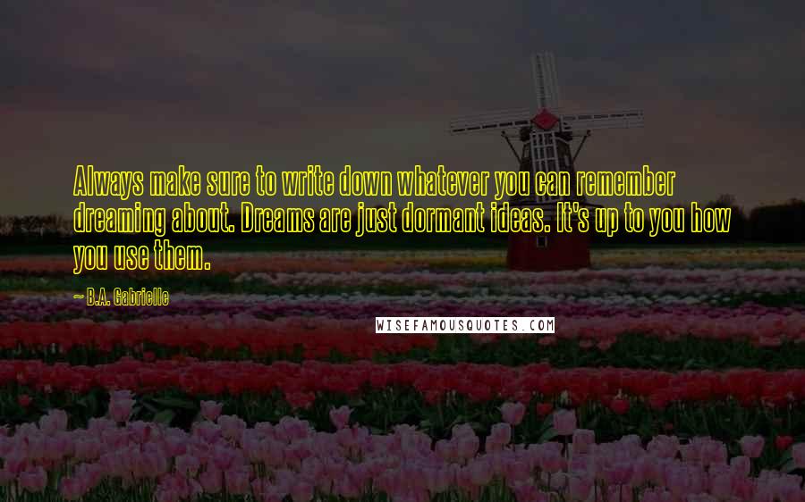 B.A. Gabrielle Quotes: Always make sure to write down whatever you can remember dreaming about. Dreams are just dormant ideas. It's up to you how you use them.