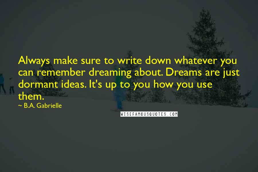 B.A. Gabrielle Quotes: Always make sure to write down whatever you can remember dreaming about. Dreams are just dormant ideas. It's up to you how you use them.