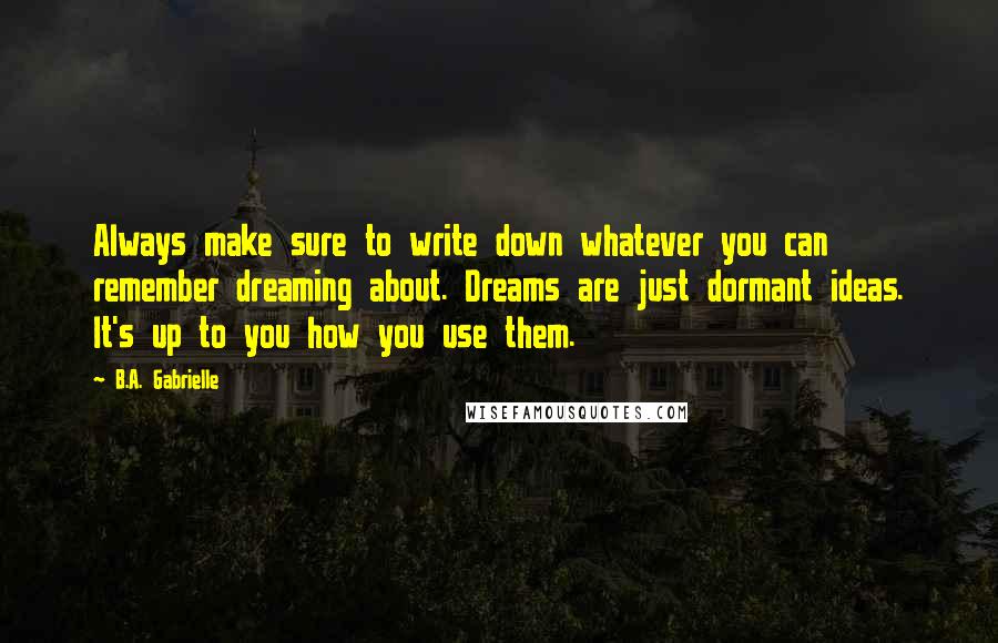 B.A. Gabrielle Quotes: Always make sure to write down whatever you can remember dreaming about. Dreams are just dormant ideas. It's up to you how you use them.