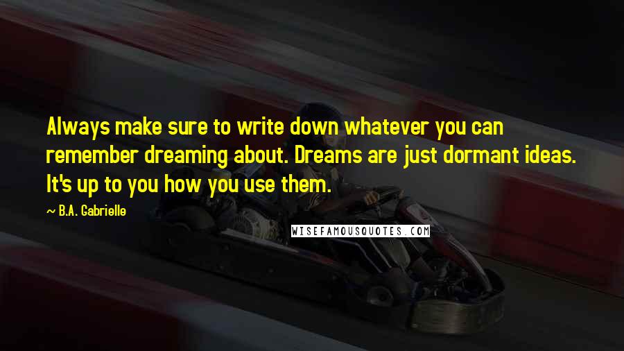 B.A. Gabrielle Quotes: Always make sure to write down whatever you can remember dreaming about. Dreams are just dormant ideas. It's up to you how you use them.