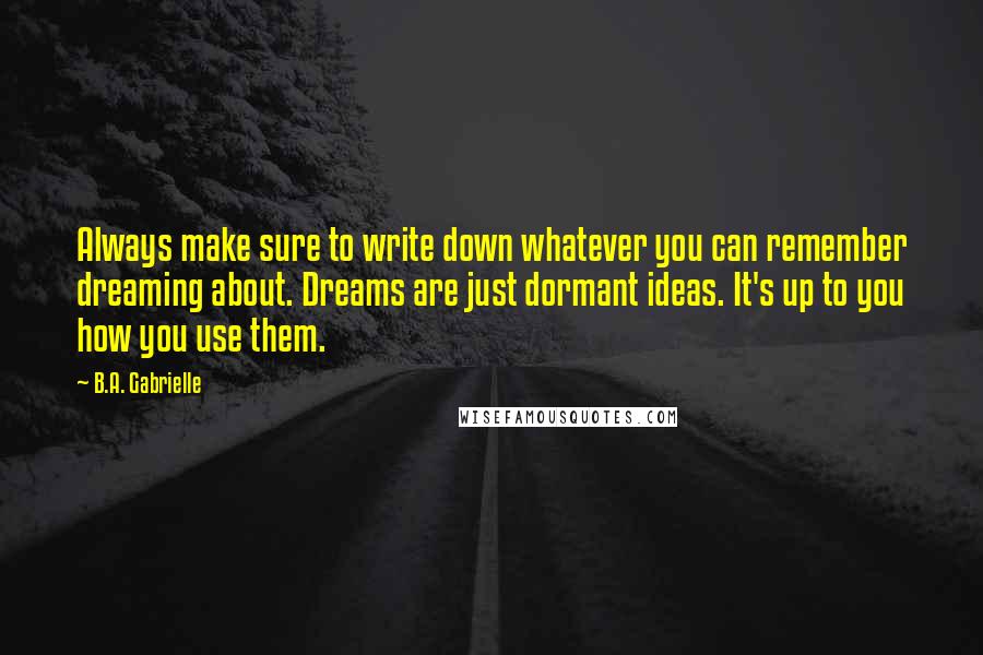 B.A. Gabrielle Quotes: Always make sure to write down whatever you can remember dreaming about. Dreams are just dormant ideas. It's up to you how you use them.