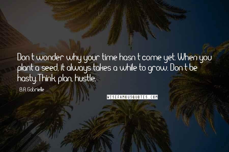 B.A. Gabrielle Quotes: Don't wonder why your time hasn't come yet. When you plant a seed, it always takes a while to grow. Don't be hasty. Think, plan, hustle.