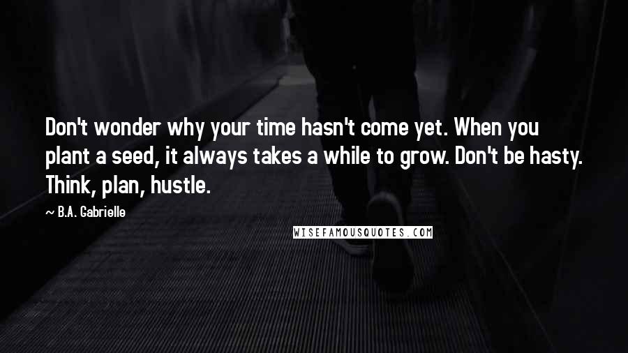 B.A. Gabrielle Quotes: Don't wonder why your time hasn't come yet. When you plant a seed, it always takes a while to grow. Don't be hasty. Think, plan, hustle.