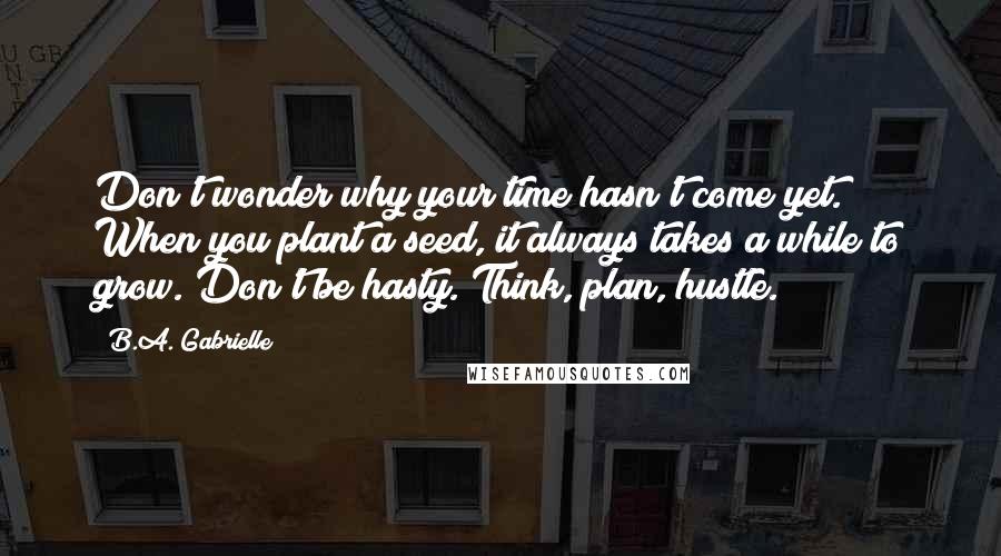 B.A. Gabrielle Quotes: Don't wonder why your time hasn't come yet. When you plant a seed, it always takes a while to grow. Don't be hasty. Think, plan, hustle.