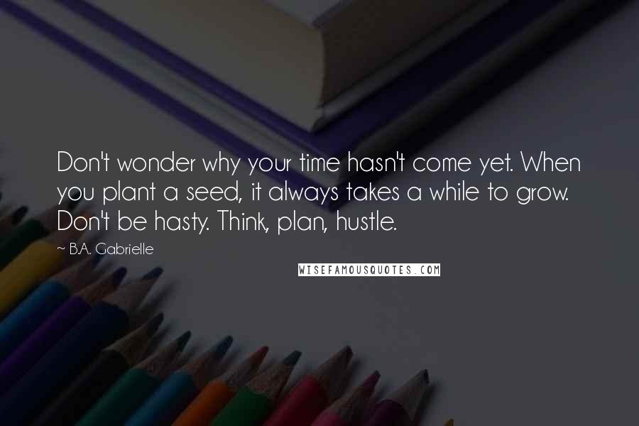 B.A. Gabrielle Quotes: Don't wonder why your time hasn't come yet. When you plant a seed, it always takes a while to grow. Don't be hasty. Think, plan, hustle.