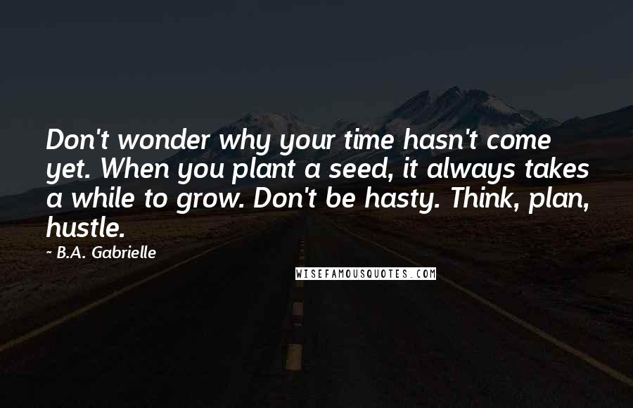 B.A. Gabrielle Quotes: Don't wonder why your time hasn't come yet. When you plant a seed, it always takes a while to grow. Don't be hasty. Think, plan, hustle.