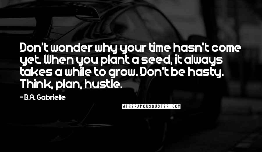 B.A. Gabrielle Quotes: Don't wonder why your time hasn't come yet. When you plant a seed, it always takes a while to grow. Don't be hasty. Think, plan, hustle.