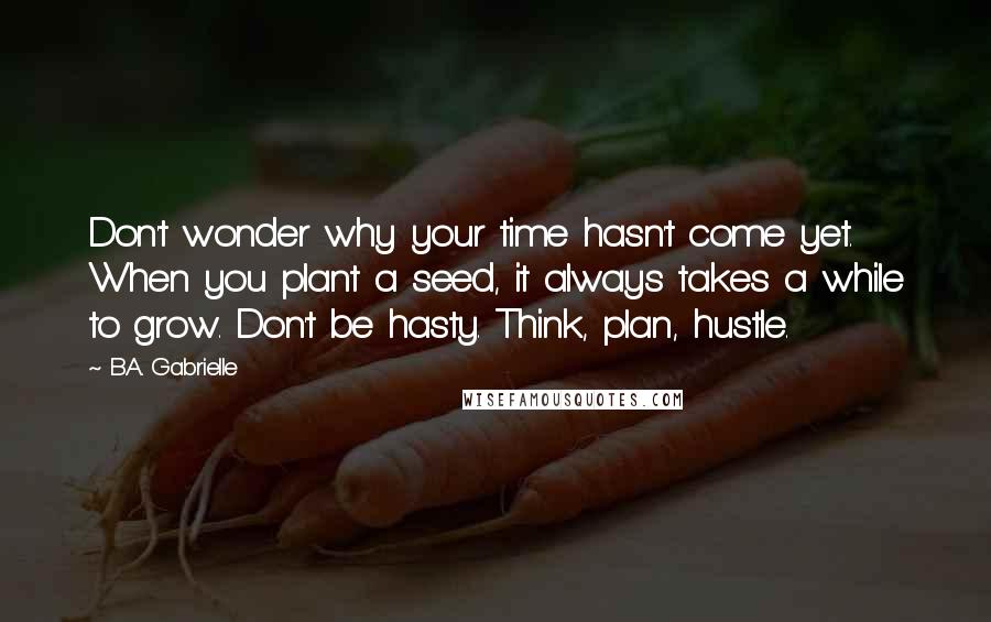 B.A. Gabrielle Quotes: Don't wonder why your time hasn't come yet. When you plant a seed, it always takes a while to grow. Don't be hasty. Think, plan, hustle.