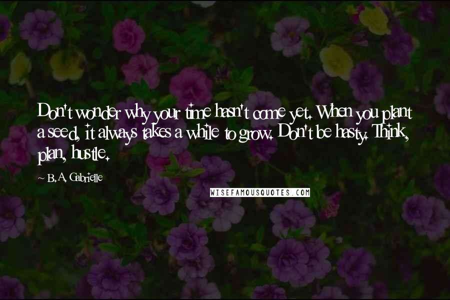 B.A. Gabrielle Quotes: Don't wonder why your time hasn't come yet. When you plant a seed, it always takes a while to grow. Don't be hasty. Think, plan, hustle.