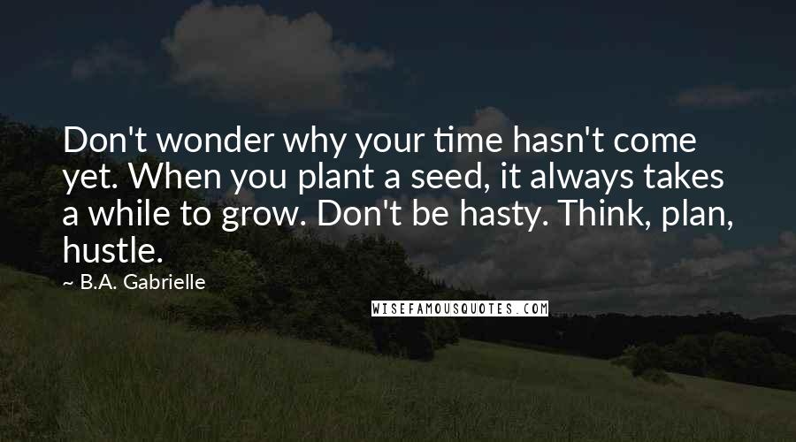 B.A. Gabrielle Quotes: Don't wonder why your time hasn't come yet. When you plant a seed, it always takes a while to grow. Don't be hasty. Think, plan, hustle.