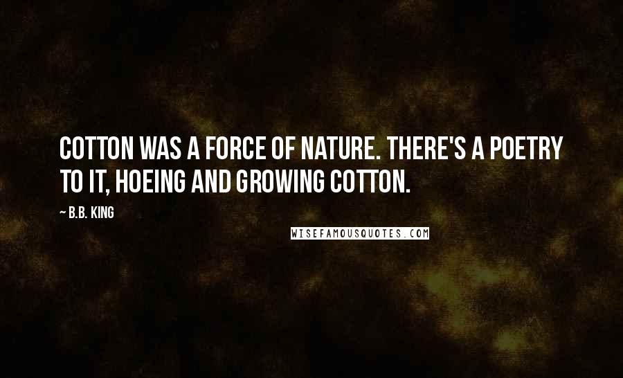 B.B. King Quotes: Cotton was a force of nature. There's a poetry to it, hoeing and growing cotton.