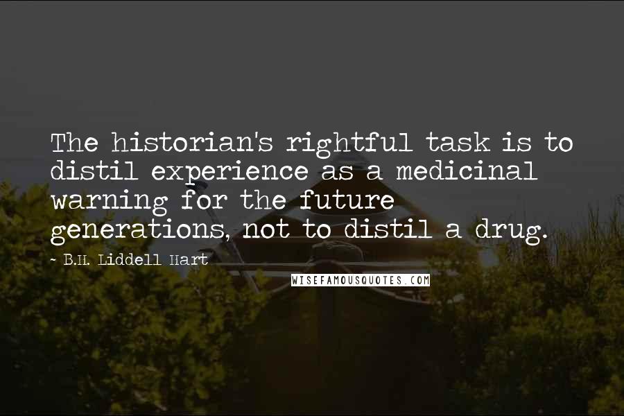 B.H. Liddell Hart Quotes: The historian's rightful task is to distil experience as a medicinal warning for the future generations, not to distil a drug.