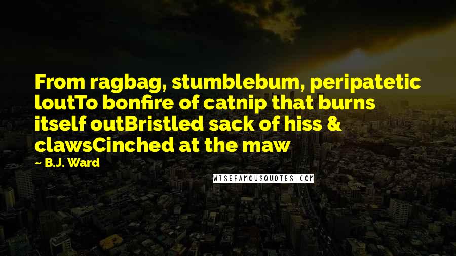 B.J. Ward Quotes: From ragbag, stumblebum, peripatetic loutTo bonfire of catnip that burns itself outBristled sack of hiss & clawsCinched at the maw