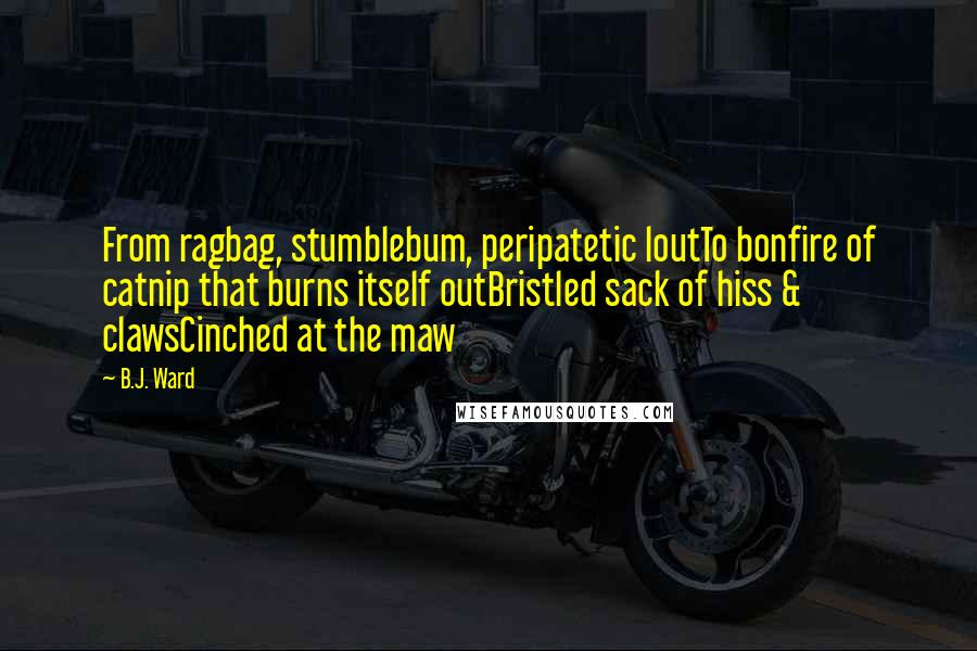 B.J. Ward Quotes: From ragbag, stumblebum, peripatetic loutTo bonfire of catnip that burns itself outBristled sack of hiss & clawsCinched at the maw