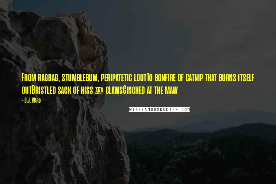 B.J. Ward Quotes: From ragbag, stumblebum, peripatetic loutTo bonfire of catnip that burns itself outBristled sack of hiss & clawsCinched at the maw
