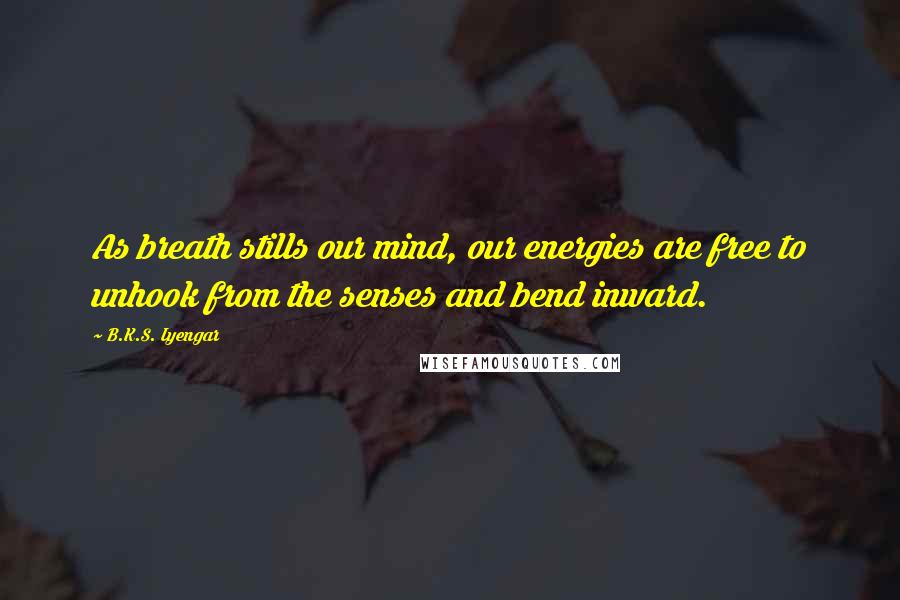 B.K.S. Iyengar Quotes: As breath stills our mind, our energies are free to unhook from the senses and bend inward.