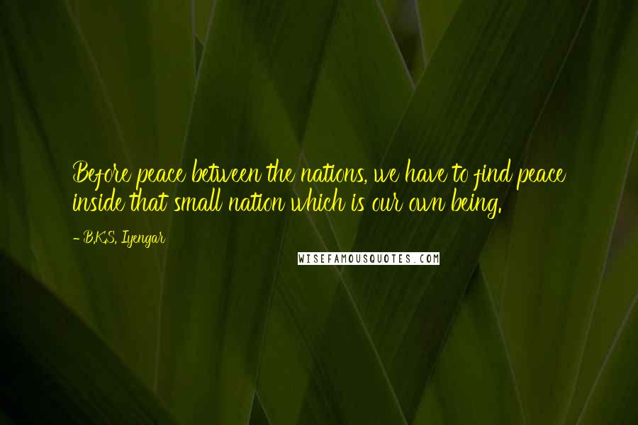B.K.S. Iyengar Quotes: Before peace between the nations, we have to find peace inside that small nation which is our own being.