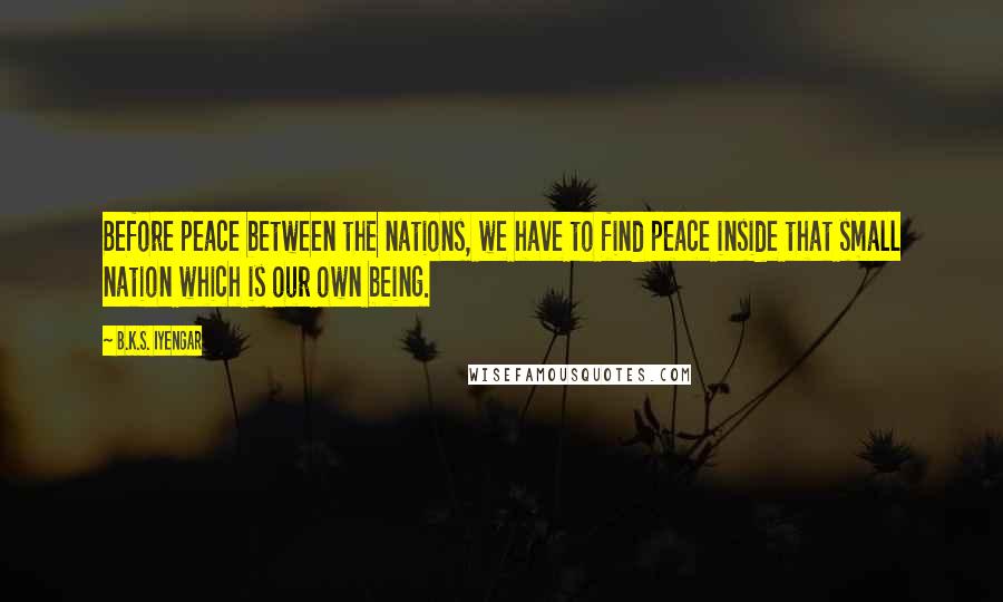 B.K.S. Iyengar Quotes: Before peace between the nations, we have to find peace inside that small nation which is our own being.