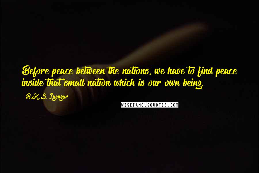 B.K.S. Iyengar Quotes: Before peace between the nations, we have to find peace inside that small nation which is our own being.