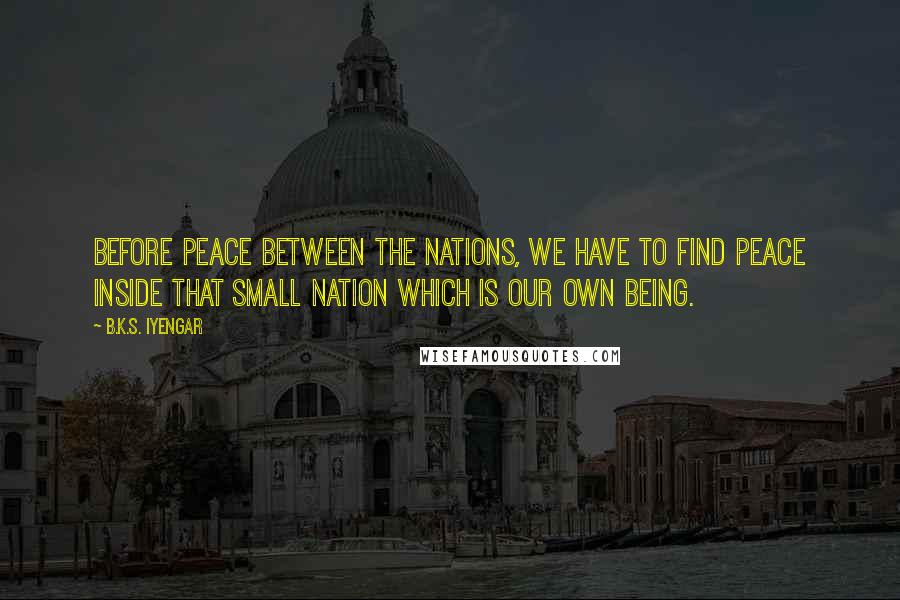 B.K.S. Iyengar Quotes: Before peace between the nations, we have to find peace inside that small nation which is our own being.