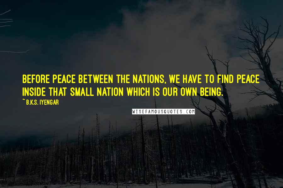 B.K.S. Iyengar Quotes: Before peace between the nations, we have to find peace inside that small nation which is our own being.