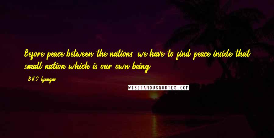 B.K.S. Iyengar Quotes: Before peace between the nations, we have to find peace inside that small nation which is our own being.