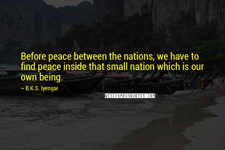 B.K.S. Iyengar Quotes: Before peace between the nations, we have to find peace inside that small nation which is our own being.