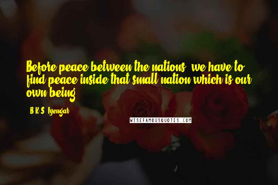 B.K.S. Iyengar Quotes: Before peace between the nations, we have to find peace inside that small nation which is our own being.