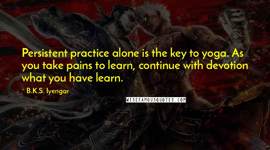 B.K.S. Iyengar Quotes: Persistent practice alone is the key to yoga. As you take pains to learn, continue with devotion what you have learn.
