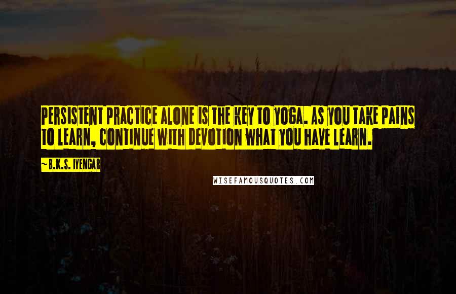 B.K.S. Iyengar Quotes: Persistent practice alone is the key to yoga. As you take pains to learn, continue with devotion what you have learn.