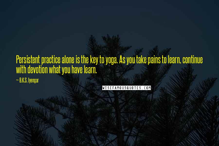 B.K.S. Iyengar Quotes: Persistent practice alone is the key to yoga. As you take pains to learn, continue with devotion what you have learn.