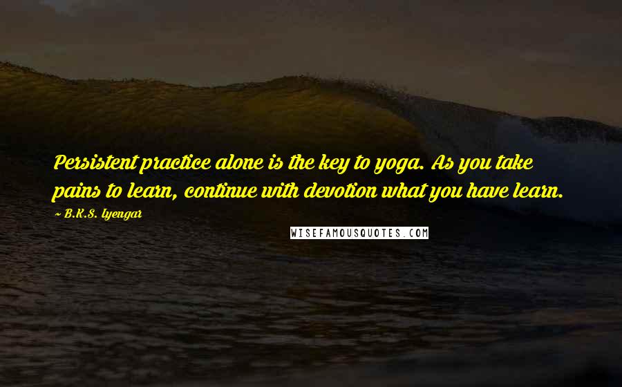 B.K.S. Iyengar Quotes: Persistent practice alone is the key to yoga. As you take pains to learn, continue with devotion what you have learn.