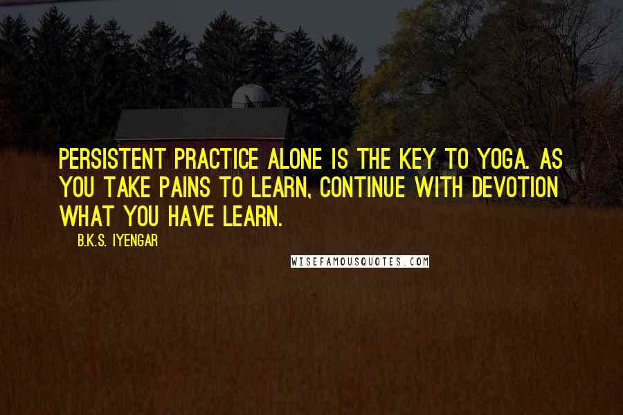 B.K.S. Iyengar Quotes: Persistent practice alone is the key to yoga. As you take pains to learn, continue with devotion what you have learn.