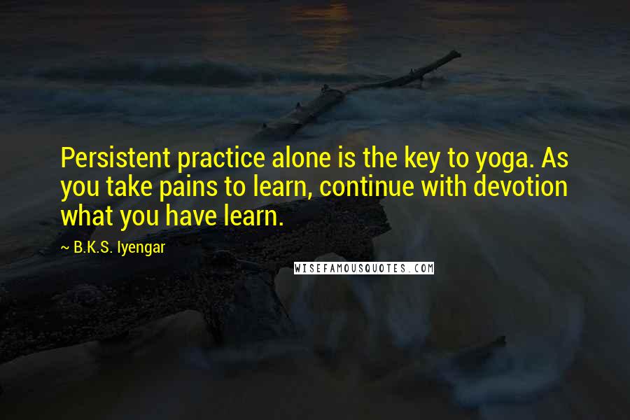 B.K.S. Iyengar Quotes: Persistent practice alone is the key to yoga. As you take pains to learn, continue with devotion what you have learn.