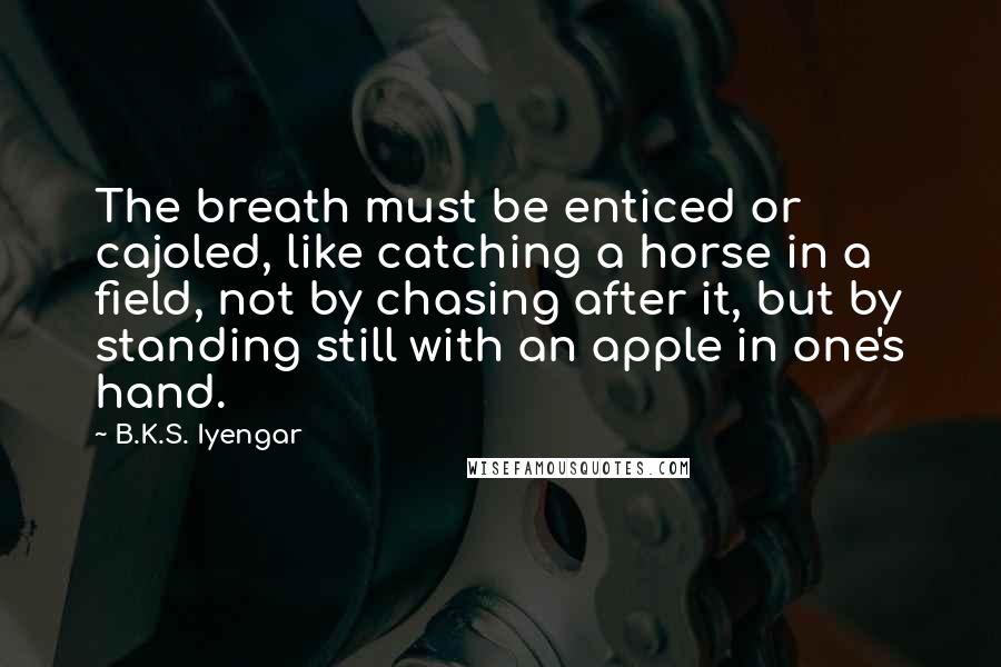 B.K.S. Iyengar Quotes: The breath must be enticed or cajoled, like catching a horse in a field, not by chasing after it, but by standing still with an apple in one's hand.