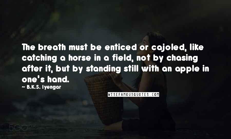 B.K.S. Iyengar Quotes: The breath must be enticed or cajoled, like catching a horse in a field, not by chasing after it, but by standing still with an apple in one's hand.