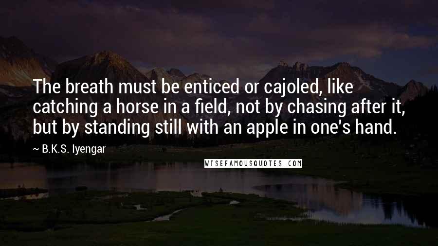B.K.S. Iyengar Quotes: The breath must be enticed or cajoled, like catching a horse in a field, not by chasing after it, but by standing still with an apple in one's hand.