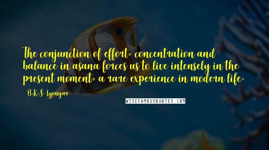 B.K.S. Iyengar Quotes: The conjunction of effort, concentration and balance in asana forces us to live intensely in the present moment, a rare experience in modern life.