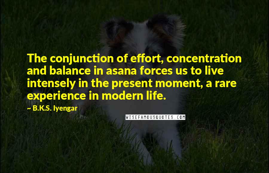 B.K.S. Iyengar Quotes: The conjunction of effort, concentration and balance in asana forces us to live intensely in the present moment, a rare experience in modern life.