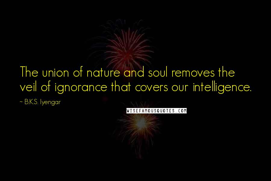 B.K.S. Iyengar Quotes: The union of nature and soul removes the veil of ignorance that covers our intelligence.