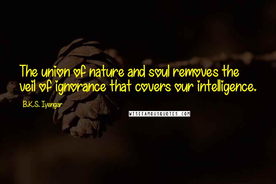 B.K.S. Iyengar Quotes: The union of nature and soul removes the veil of ignorance that covers our intelligence.