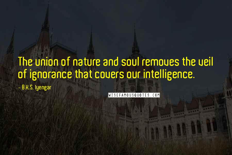 B.K.S. Iyengar Quotes: The union of nature and soul removes the veil of ignorance that covers our intelligence.