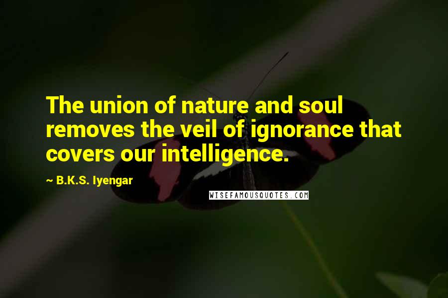 B.K.S. Iyengar Quotes: The union of nature and soul removes the veil of ignorance that covers our intelligence.