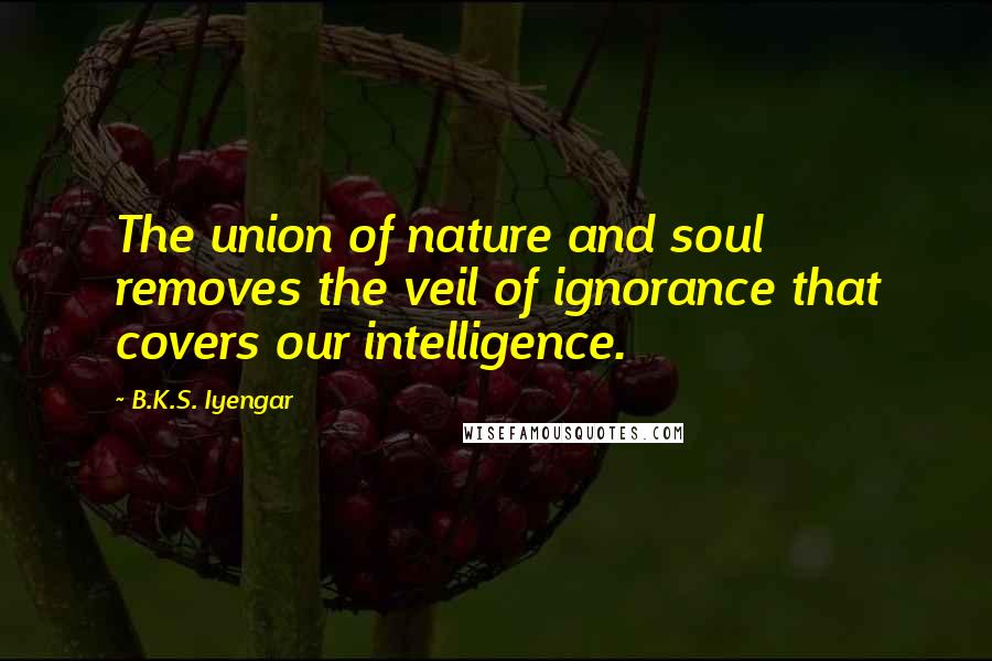 B.K.S. Iyengar Quotes: The union of nature and soul removes the veil of ignorance that covers our intelligence.