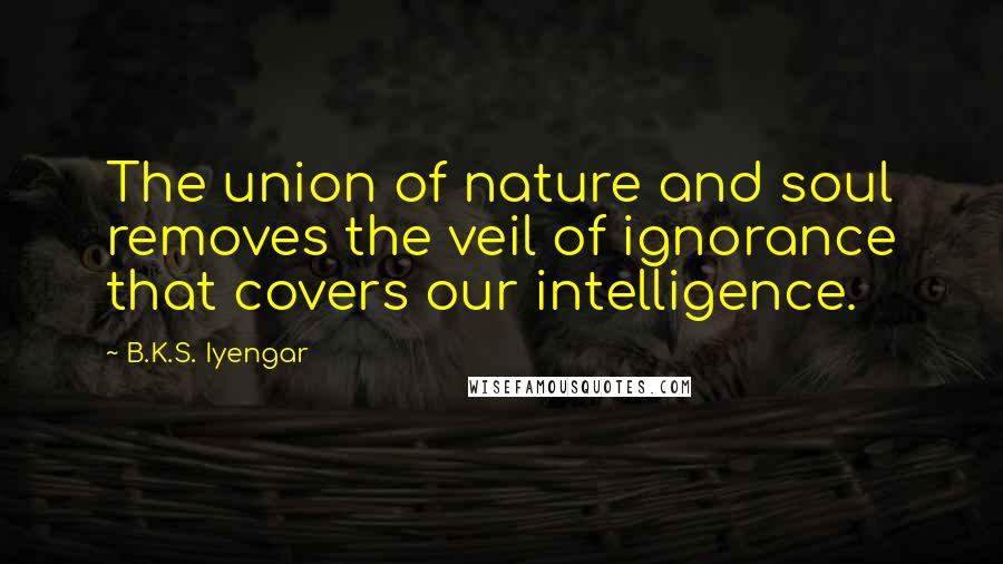 B.K.S. Iyengar Quotes: The union of nature and soul removes the veil of ignorance that covers our intelligence.